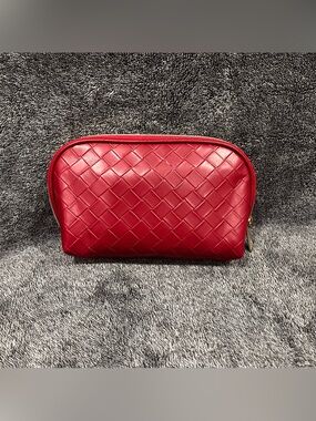 Lancome red woven faux leather cosmetic makeup bag